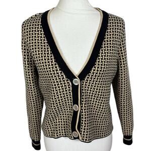 Ady P Herringbone Tan and Black Classic V Neck Cardigan Size M